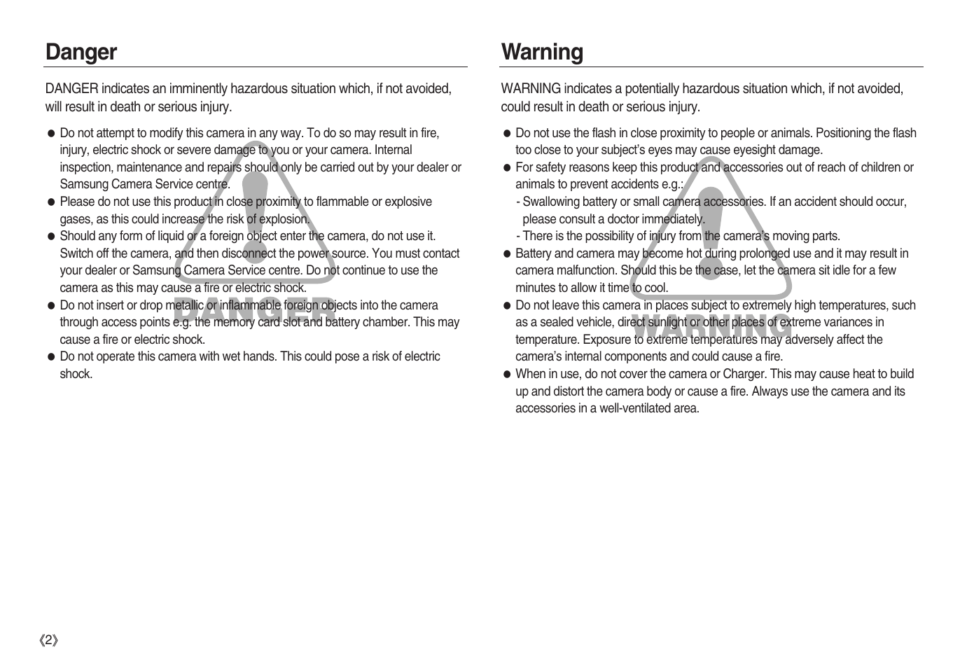 Danger warning | Samsung EC-NV20ZBBA-US User Manual | Page 3 / 102