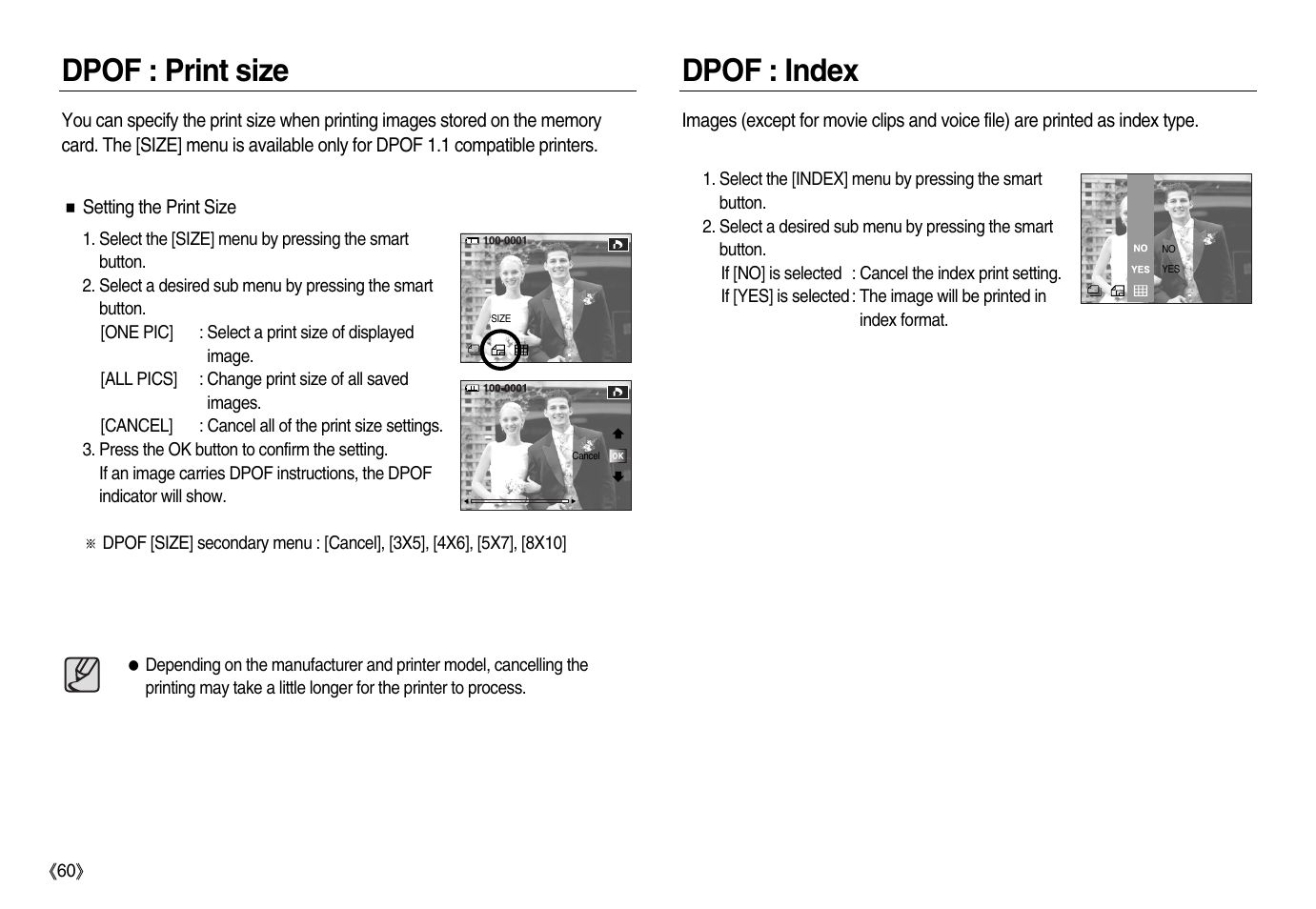 Dpof : print size dpof : index | Samsung EC-NV20ZBBA-US User Manual | Page 61 / 102