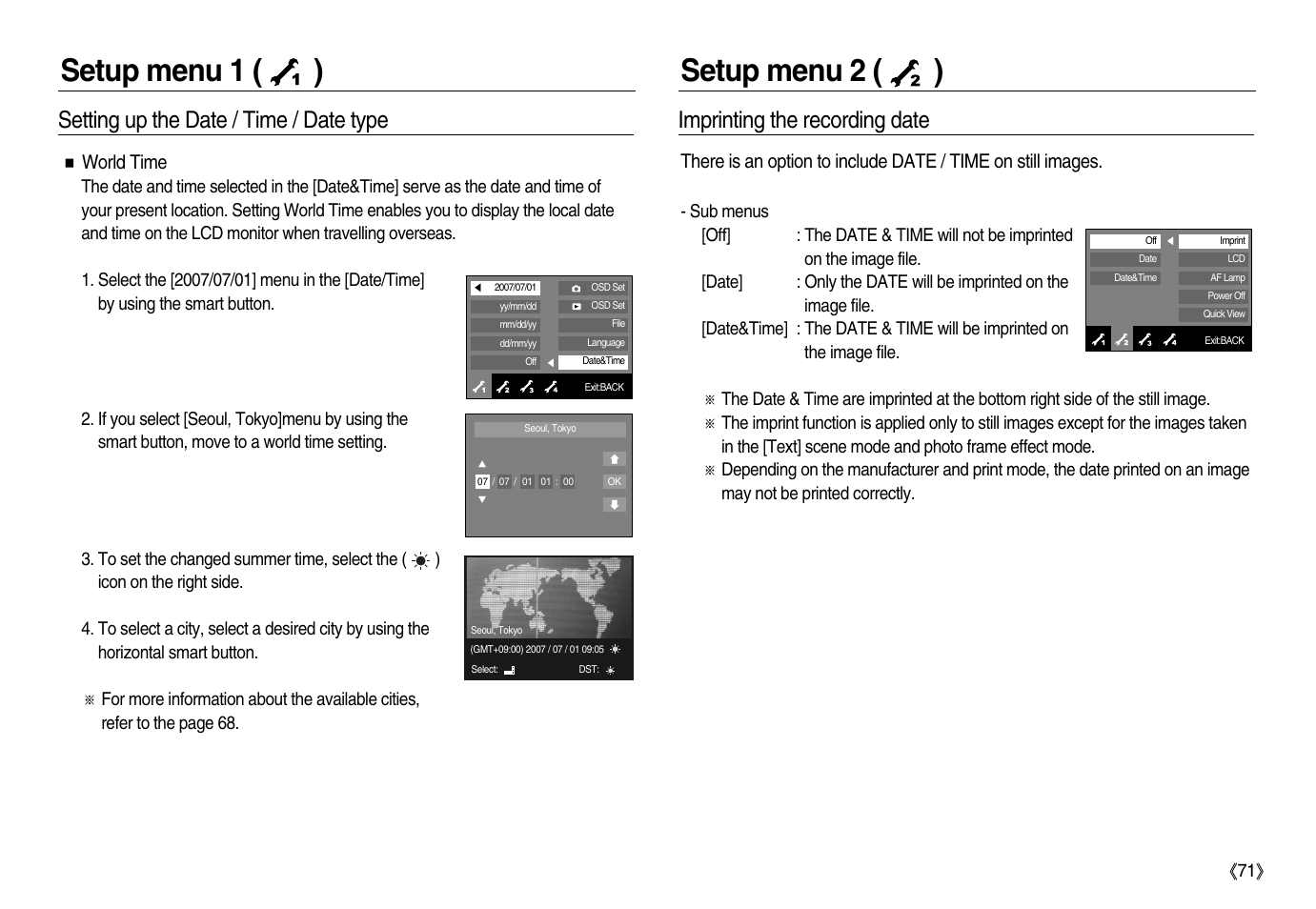 Setup menu 1 ( ) setup menu 2 ( ), Imprinting the recording date, Setting up the date / time / date type | Ƈ world time | Samsung EC-NV20ZBBA-US User Manual | Page 72 / 102