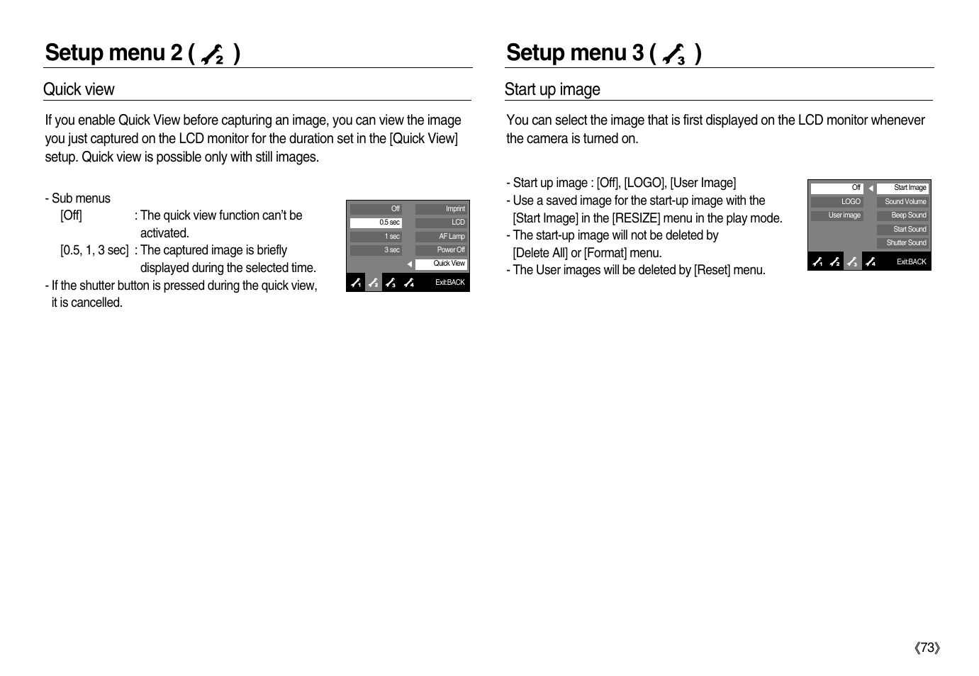 Setup menu 2 ( ) setup menu 3 ( ), Quick view, Start up image | Samsung EC-NV20ZBBA-US User Manual | Page 74 / 102