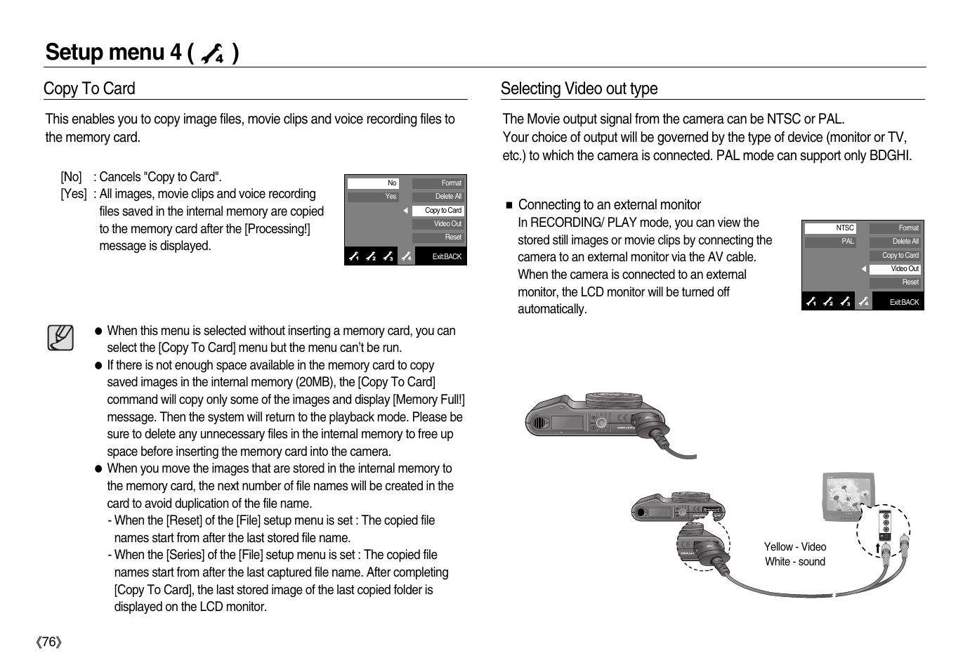 Setup menu 4 ( ), Copy to card, Selecting video out type | Samsung EC-NV20ZBBA-US User Manual | Page 77 / 102