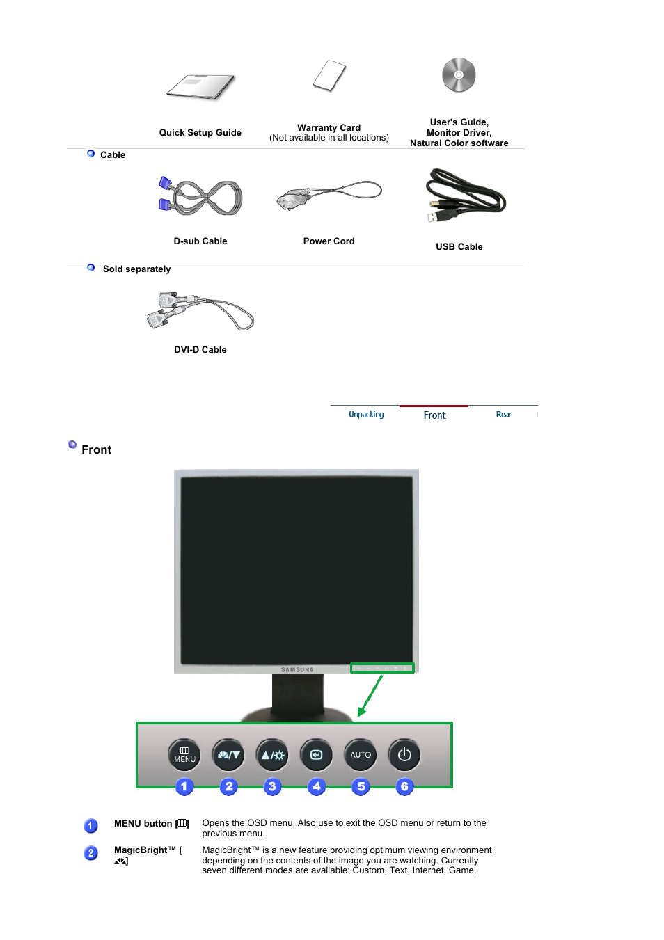 Front | Samsung LS19UBPEBQ-XAA User Manual | Page 11 / 56