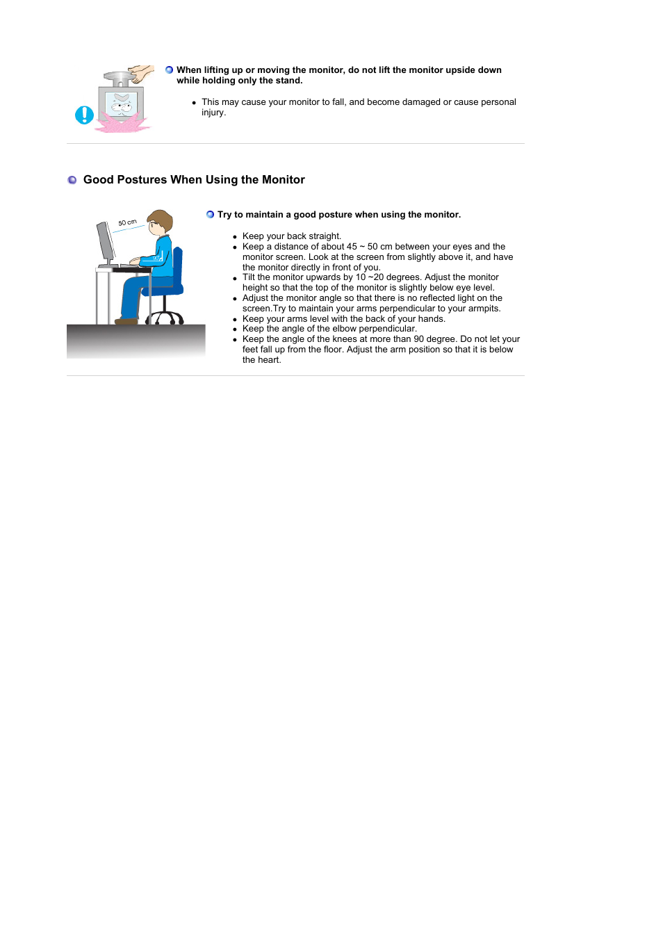 Good postures when using the monitor | Samsung LS19UBPEBQ-XAA User Manual | Page 9 / 56