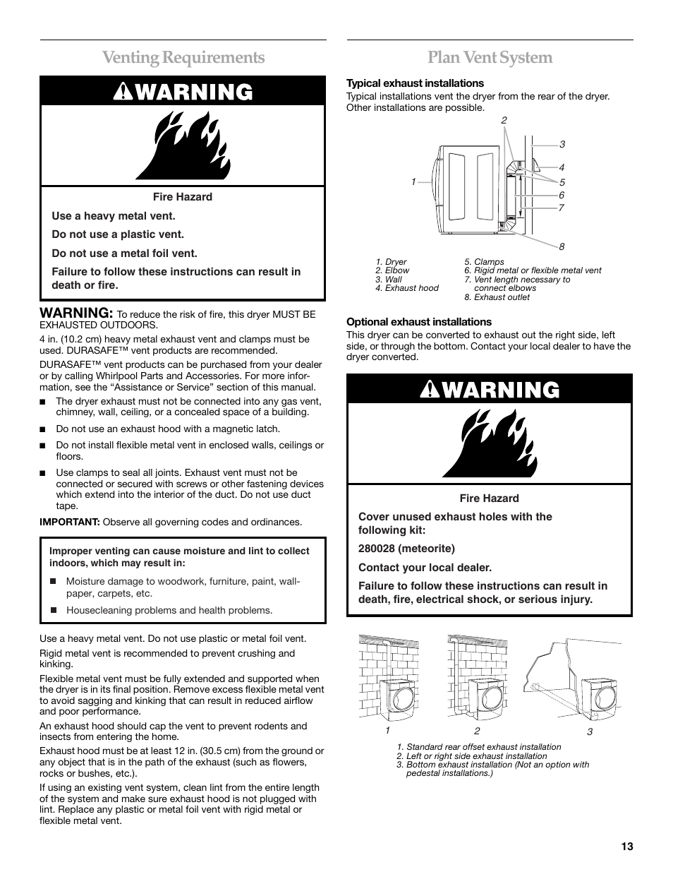 Venting requirements, Plan vent system, Warning | KITCHENAID YKEHS01P User Manual | Page 13 / 72