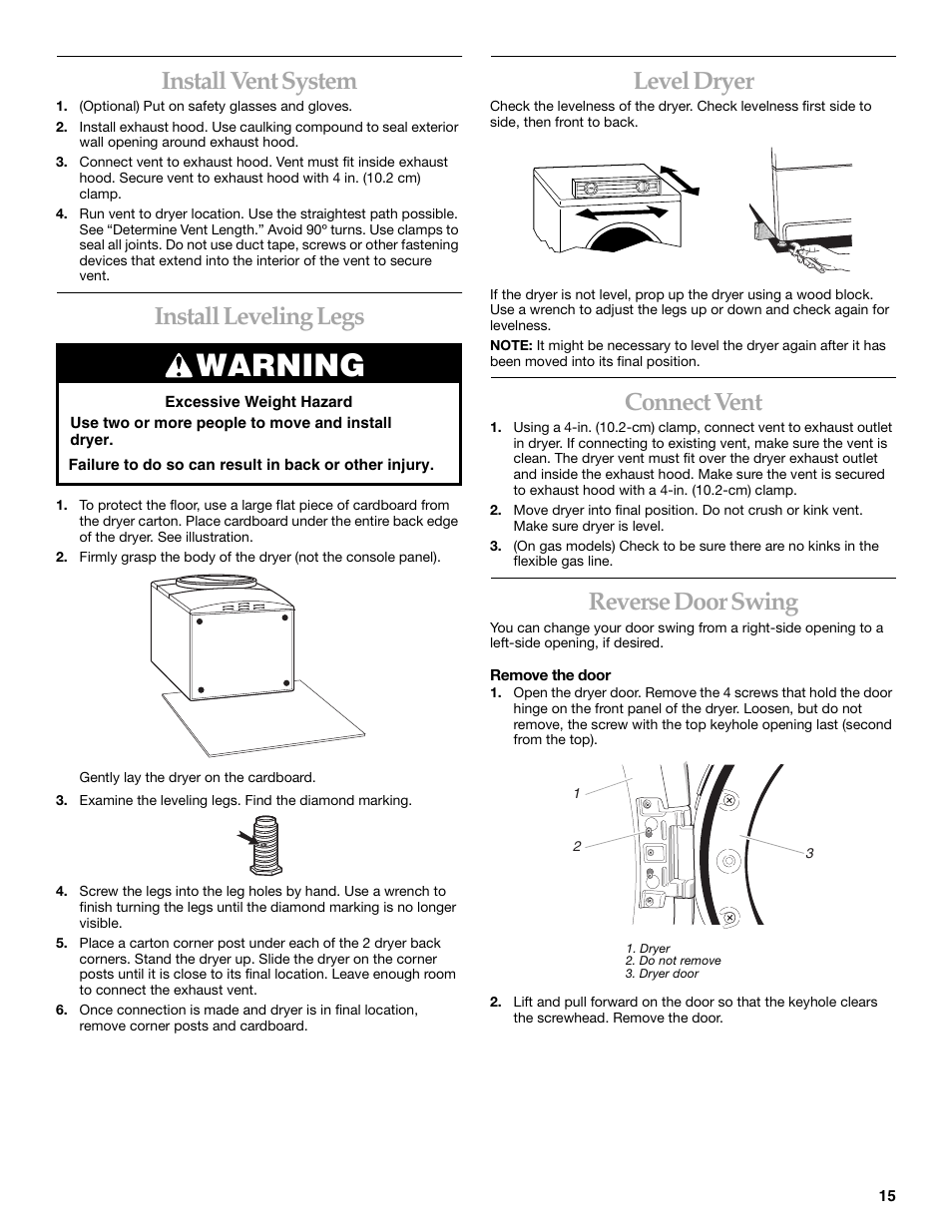 Warning, Install vent system, Install leveling legs | Level dryer, Connect vent, Reverse door swing | KITCHENAID YKEHS01P User Manual | Page 15 / 72