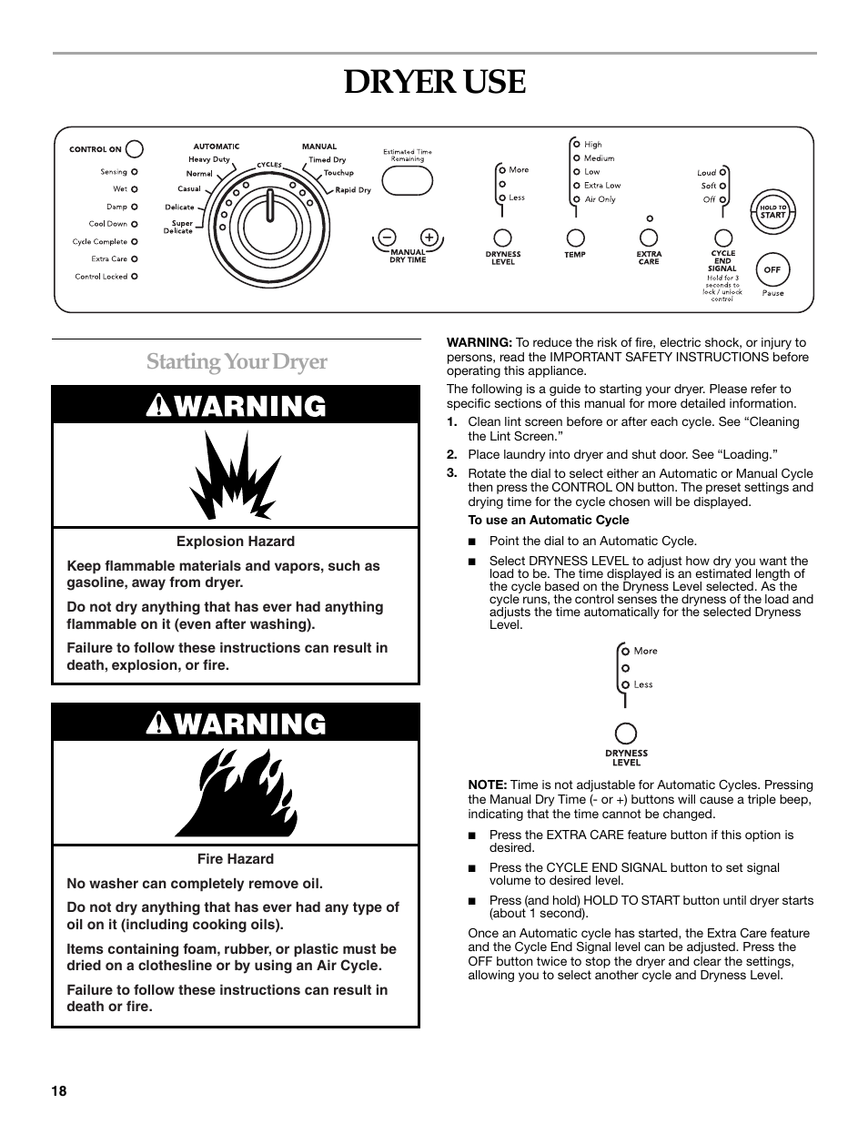 Dryer use, Starting your dryer | KITCHENAID YKEHS01P User Manual | Page 18 / 72