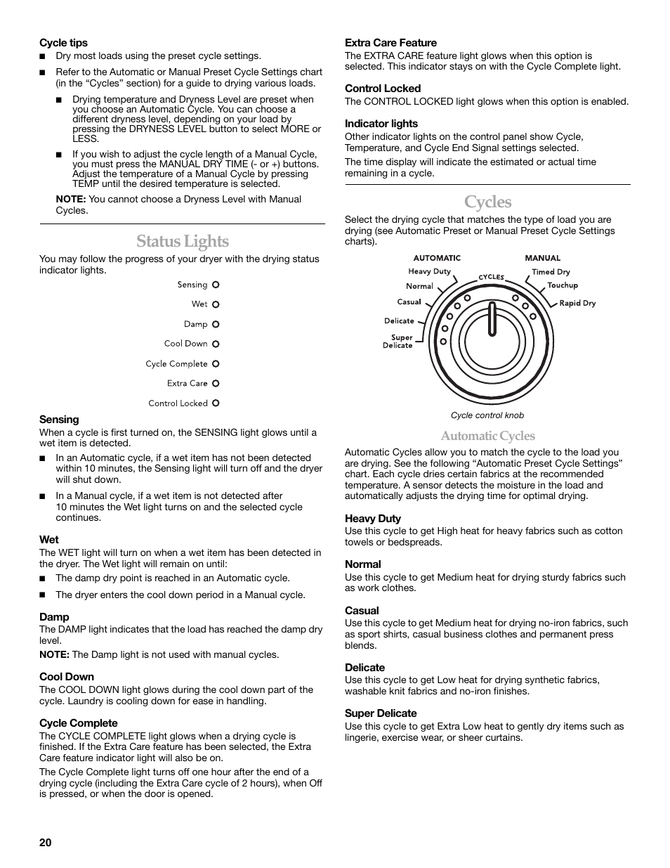 Status lights, Cycles, Automatic cycles | KITCHENAID YKEHS01P User Manual | Page 20 / 72