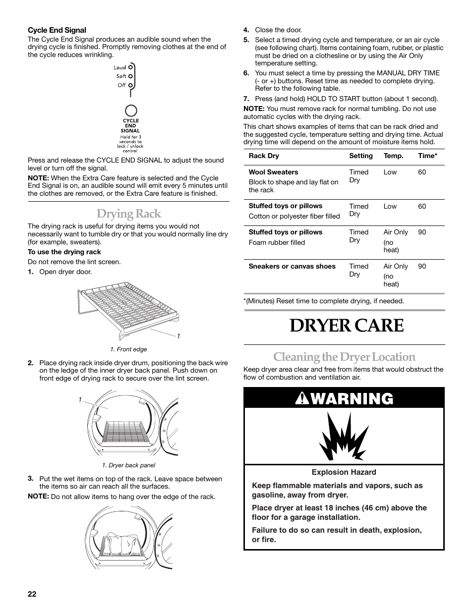 Dryer care, Drying rack, Cleaning the dryer location | KITCHENAID YKEHS01P User Manual | Page 22 / 72