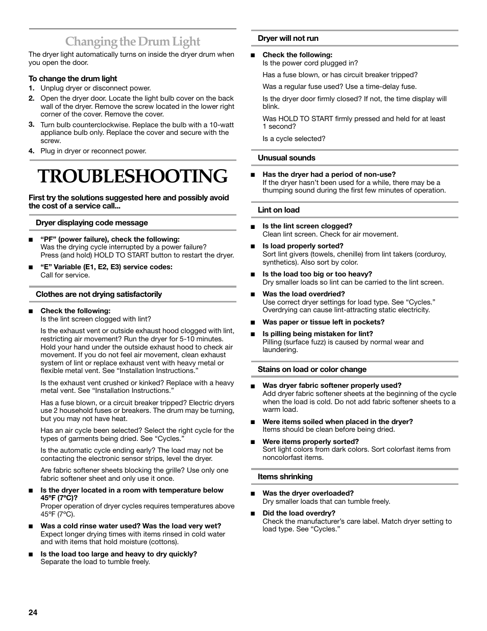 Troubleshooting, Changing the drum light | KITCHENAID YKEHS01P User Manual | Page 24 / 72