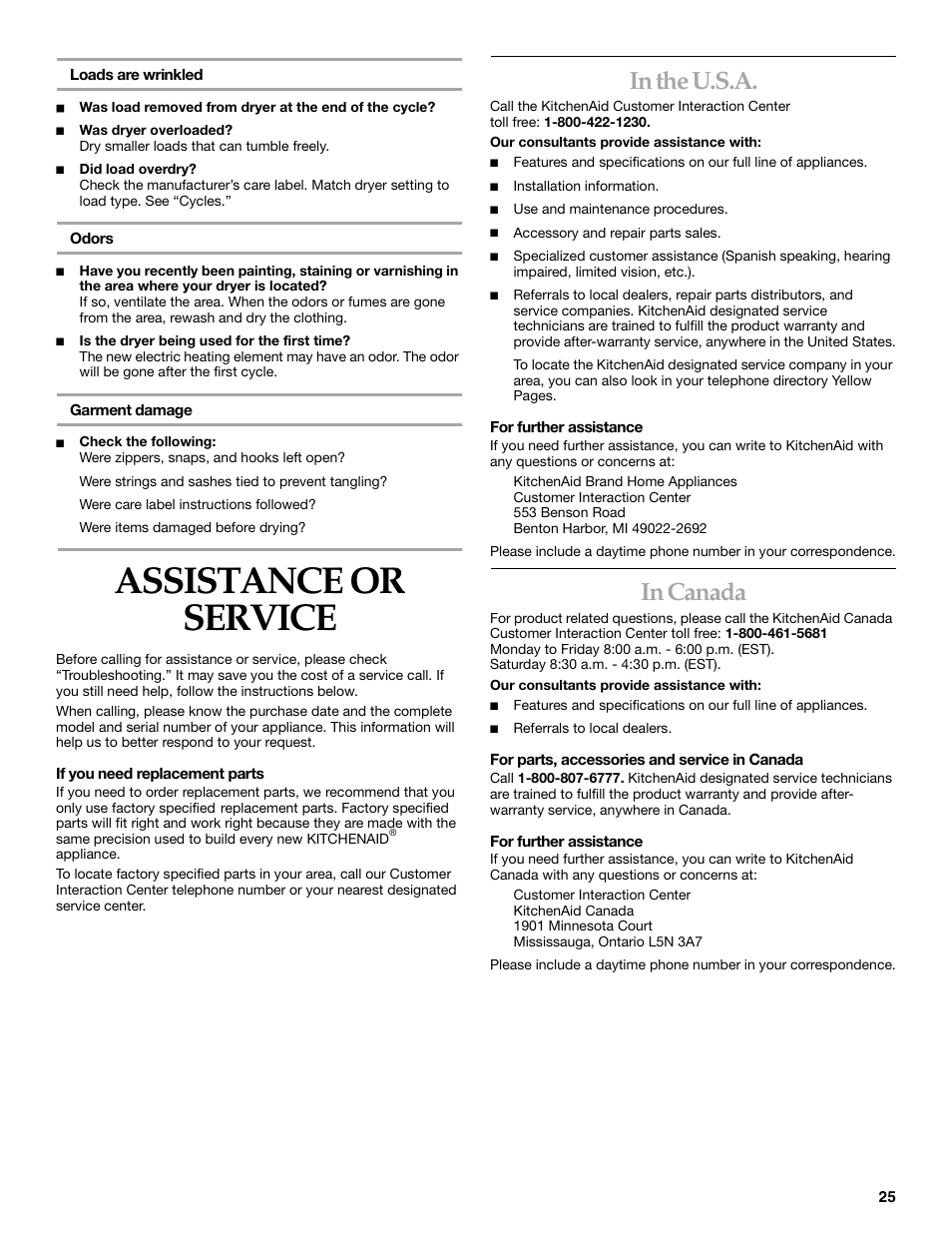 Assistance or service | KITCHENAID YKEHS01P User Manual | Page 25 / 72