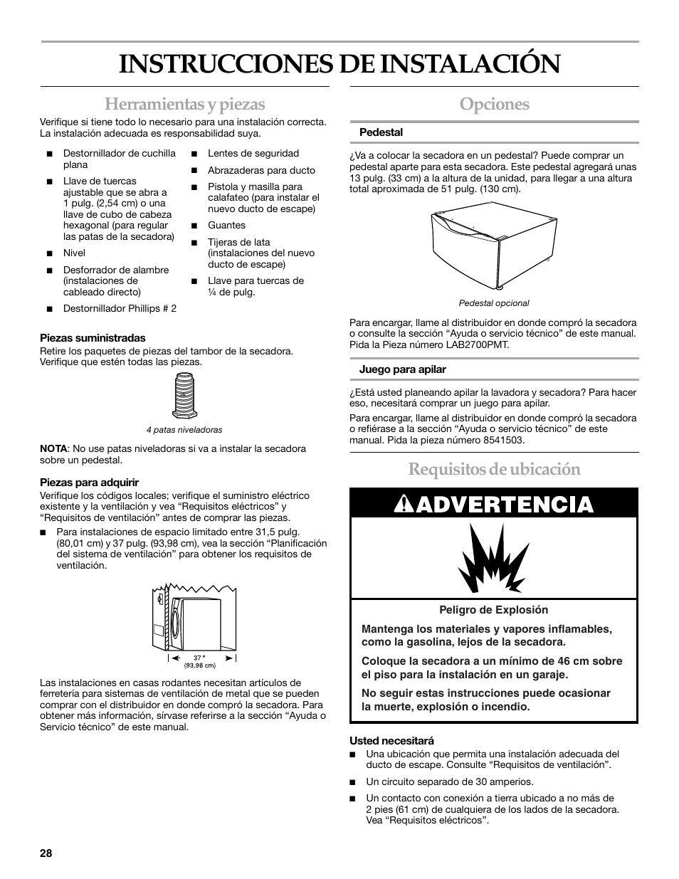 Instrucciones de instalación, Herramientas y piezas, Opciones | Requisitos de ubicación | KITCHENAID YKEHS01P User Manual | Page 28 / 72