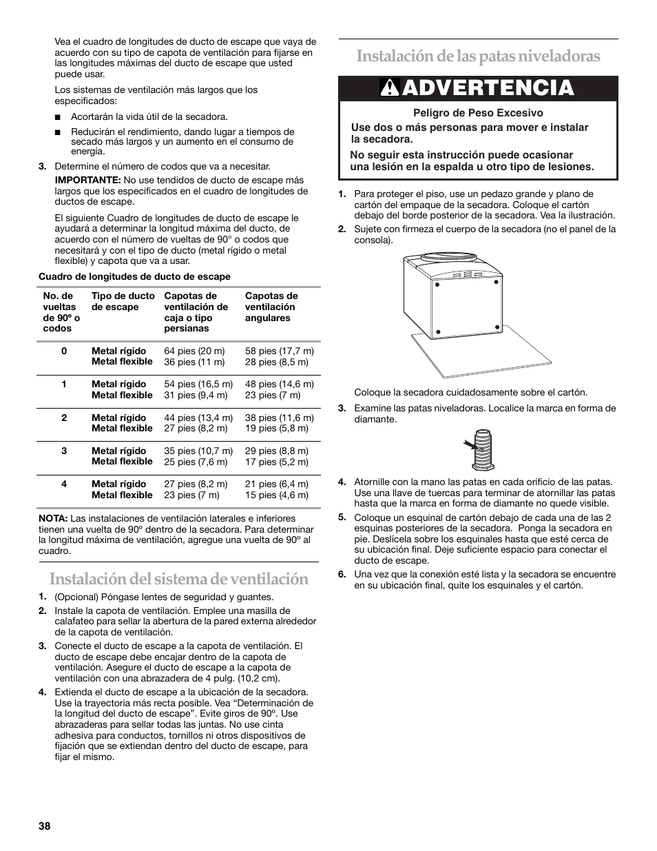 Advertencia, Instalación del sistema de ventilación, Instalación de las patas niveladoras | KITCHENAID YKEHS01P User Manual | Page 38 / 72