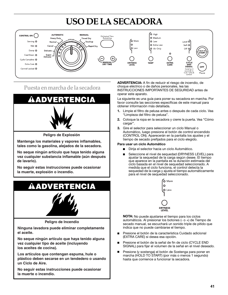 Uso de la secadora, Puesta en marcha de la secadora | KITCHENAID YKEHS01P User Manual | Page 41 / 72