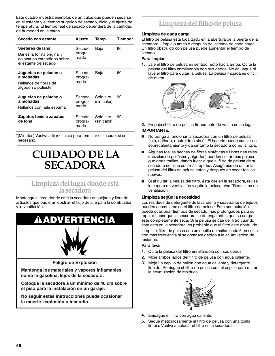 Cuidado de la secadora, Limpieza del lugar donde está la secadora, Limpieza del filtro de pelusa | KITCHENAID YKEHS01P User Manual | Page 46 / 72