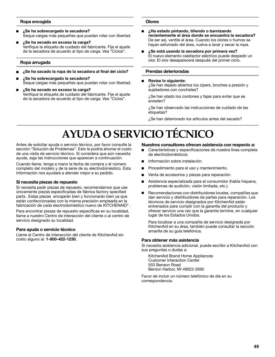 Ayuda o servicio técnico | KITCHENAID YKEHS01P User Manual | Page 49 / 72