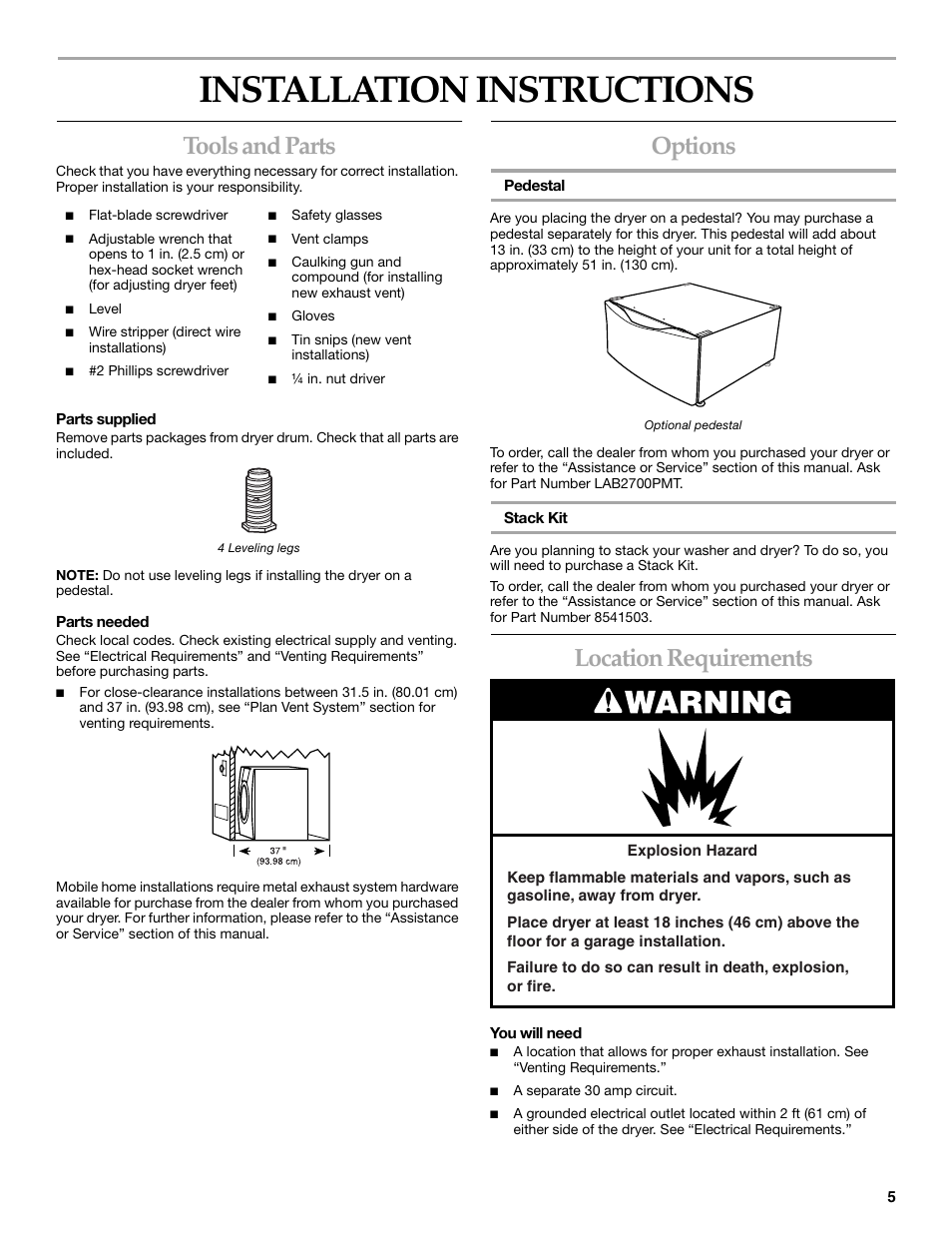 Installation instructions, Tools and parts, Options | Location requirements | KITCHENAID YKEHS01P User Manual | Page 5 / 72