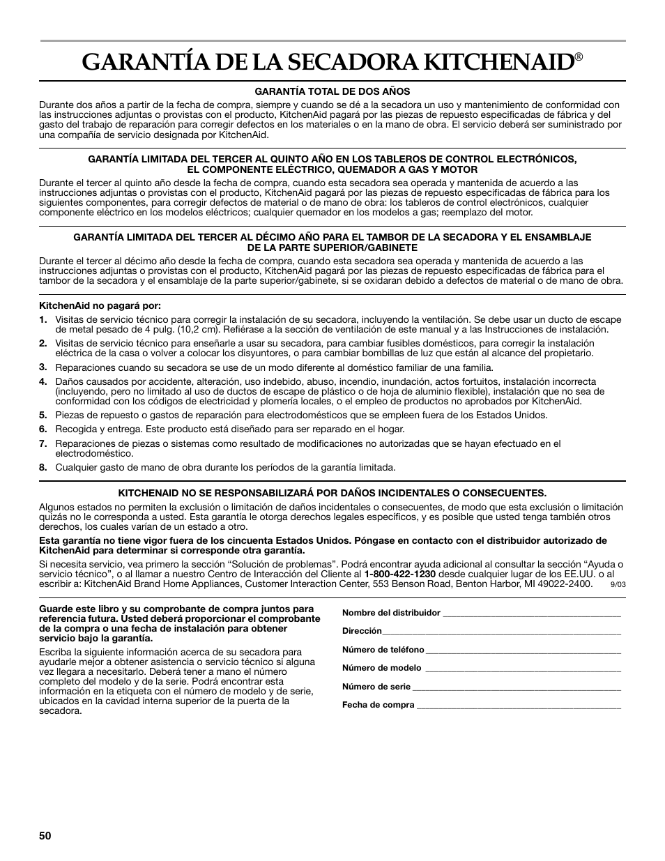 Garantía de la secadora kitchenaid | KITCHENAID YKEHS01P User Manual | Page 50 / 72