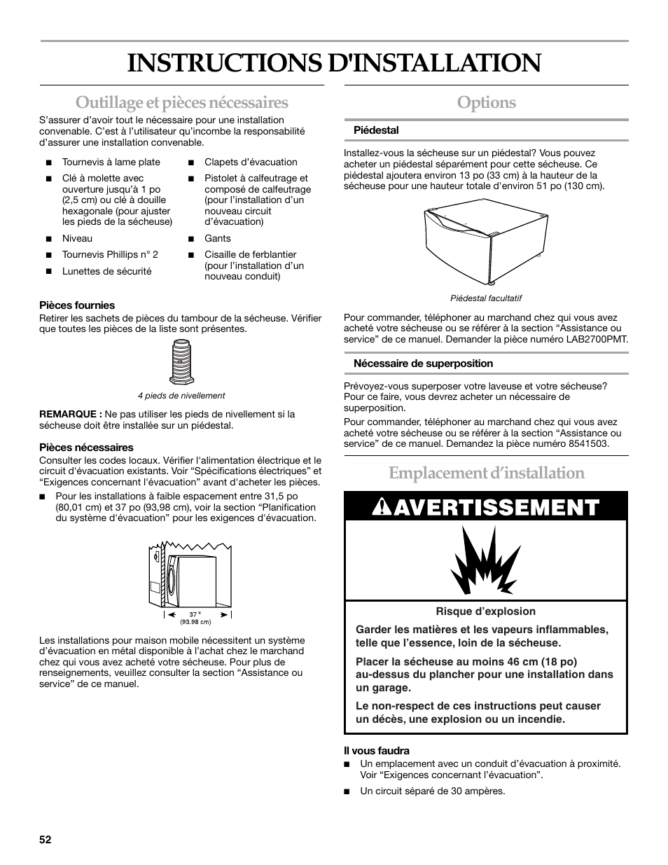 Instructions d'installation, Outillage et pièces nécessaires, Options | Emplacement d’installation | KITCHENAID YKEHS01P User Manual | Page 52 / 72