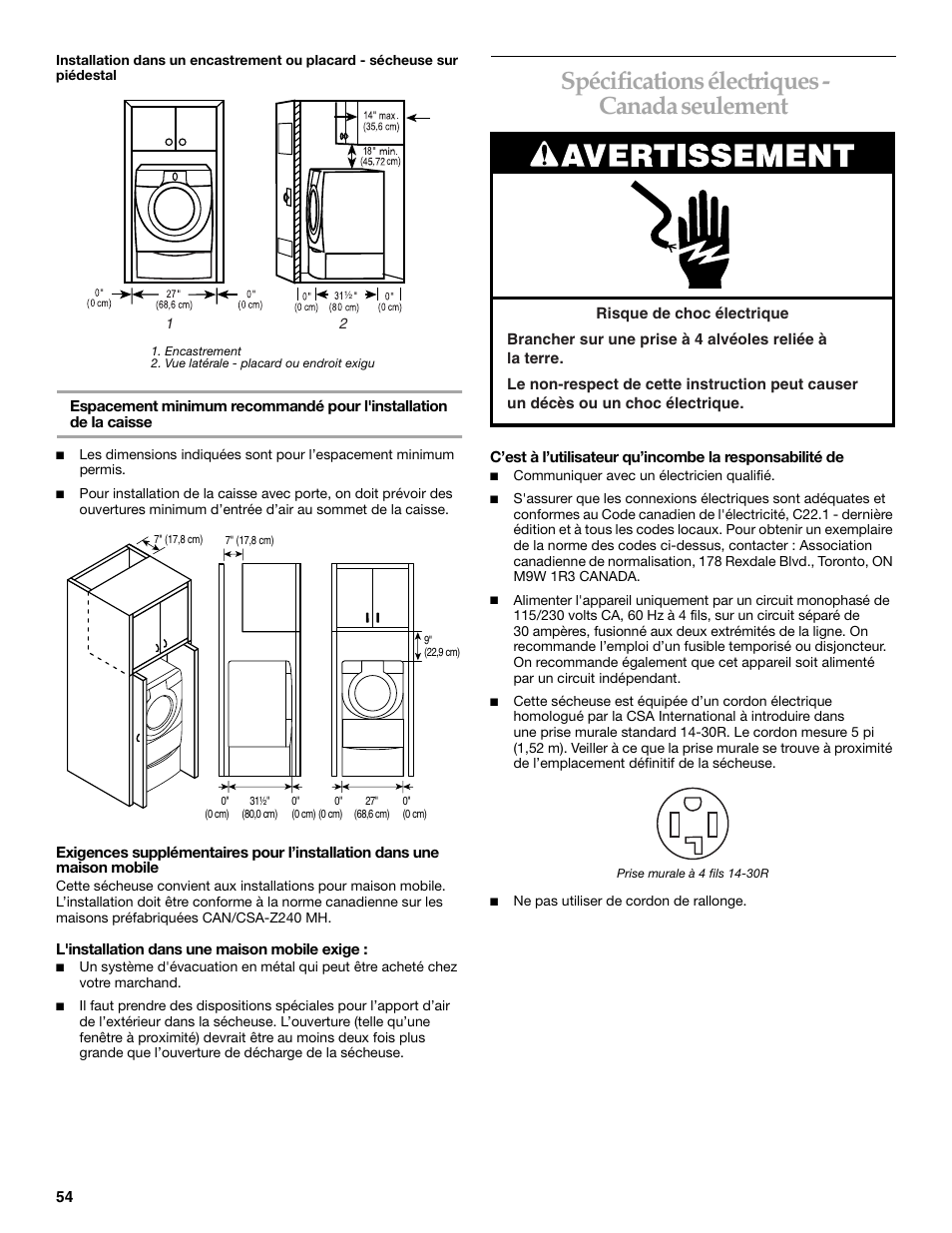 Spécifications électriques - canada seulement | KITCHENAID YKEHS01P User Manual | Page 54 / 72