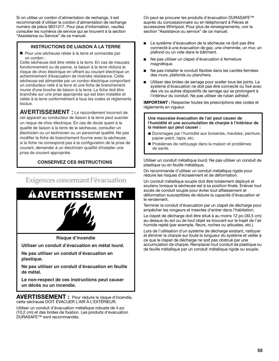 Exigences concernant l’évacuation, Avertissement | KITCHENAID YKEHS01P User Manual | Page 55 / 72