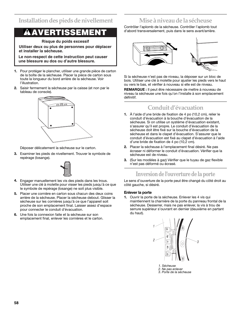 Avertissement, Installation des pieds de nivellement, Mise à niveau de la sécheuse | Conduit d’évacuation, Inversion de l'ouverture de la porte | KITCHENAID YKEHS01P User Manual | Page 58 / 72