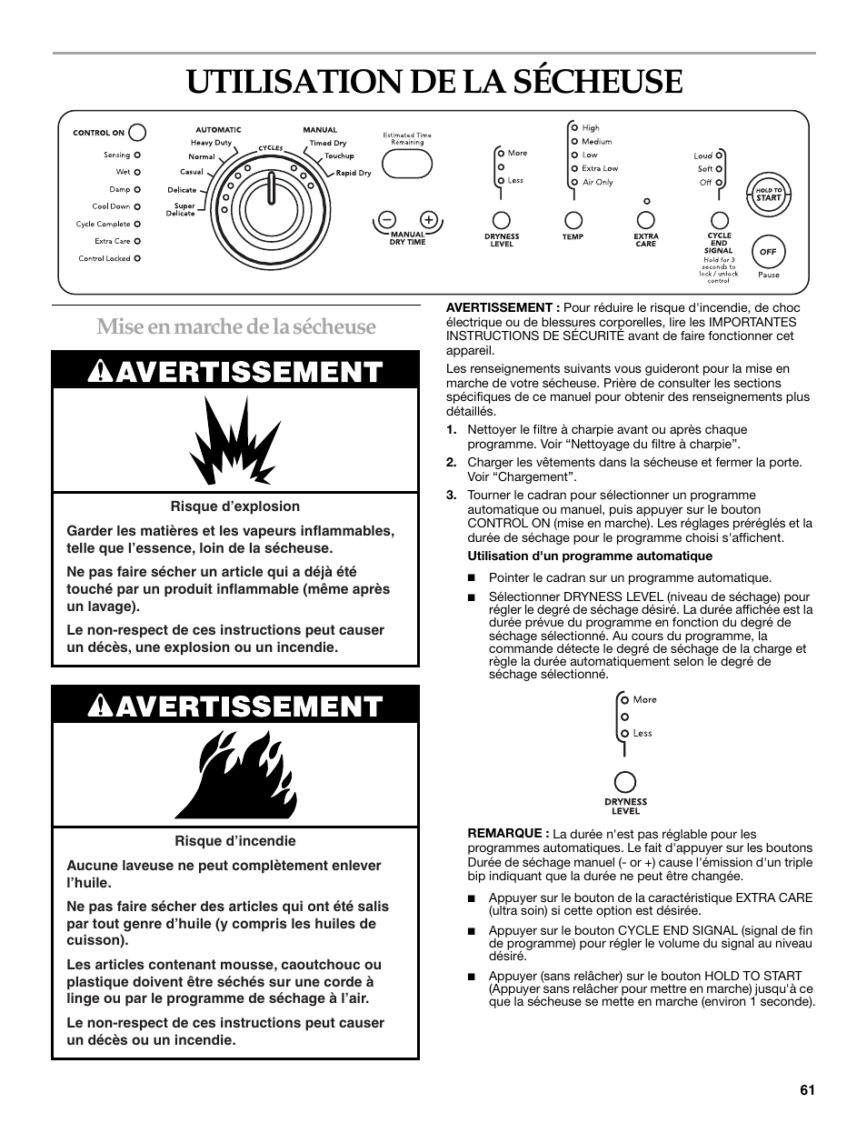 Utilisation de la sécheuse, Mise en marche de la sécheuse | KITCHENAID YKEHS01P User Manual | Page 61 / 72