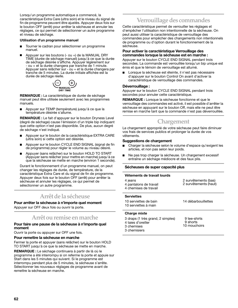 Arrêt de la sécheuse, Arrêt ou remise en marche, Verrouillage des commandes | Chargement | KITCHENAID YKEHS01P User Manual | Page 62 / 72