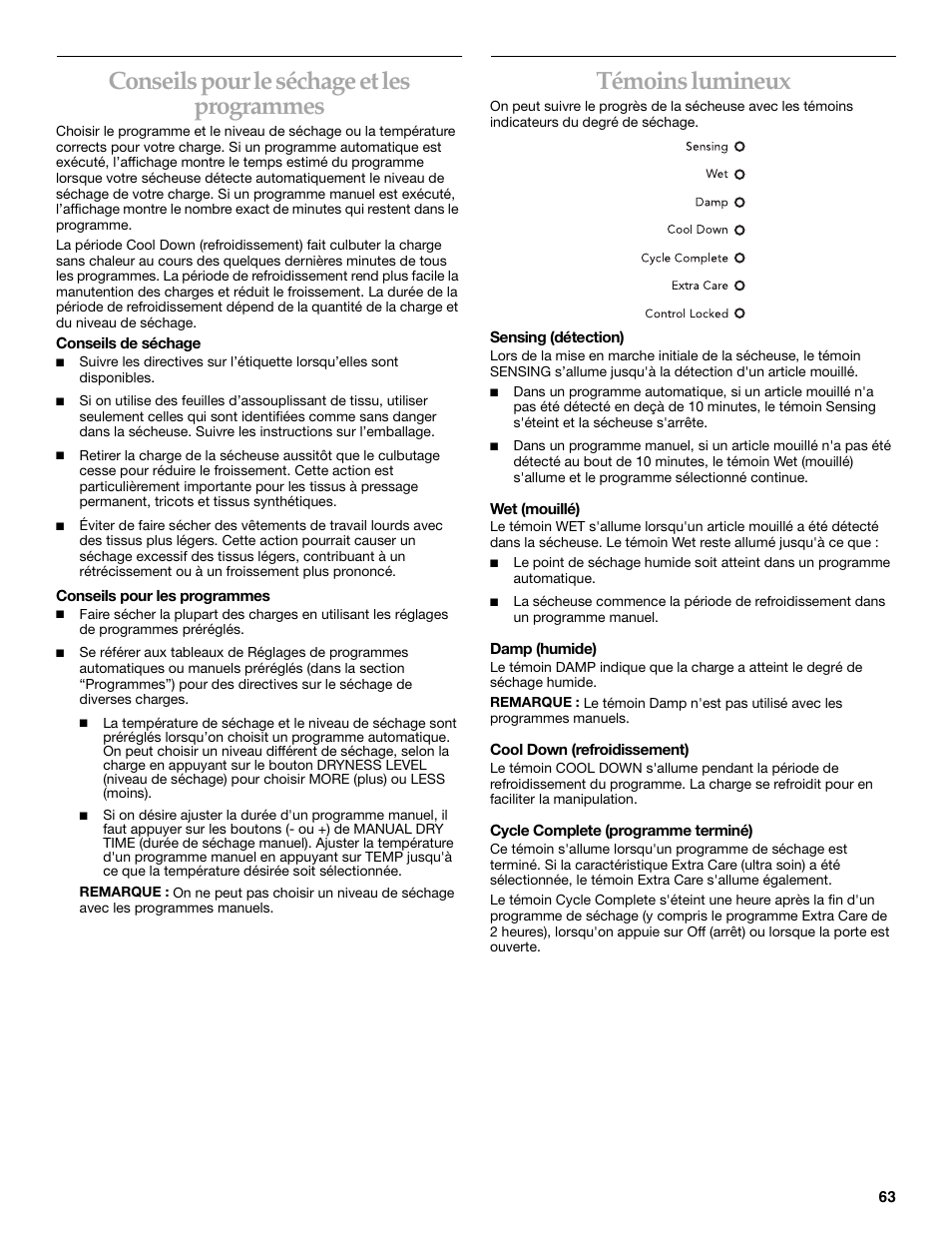 Conseils pour le séchage et les programmes, Témoins lumineux | KITCHENAID YKEHS01P User Manual | Page 63 / 72