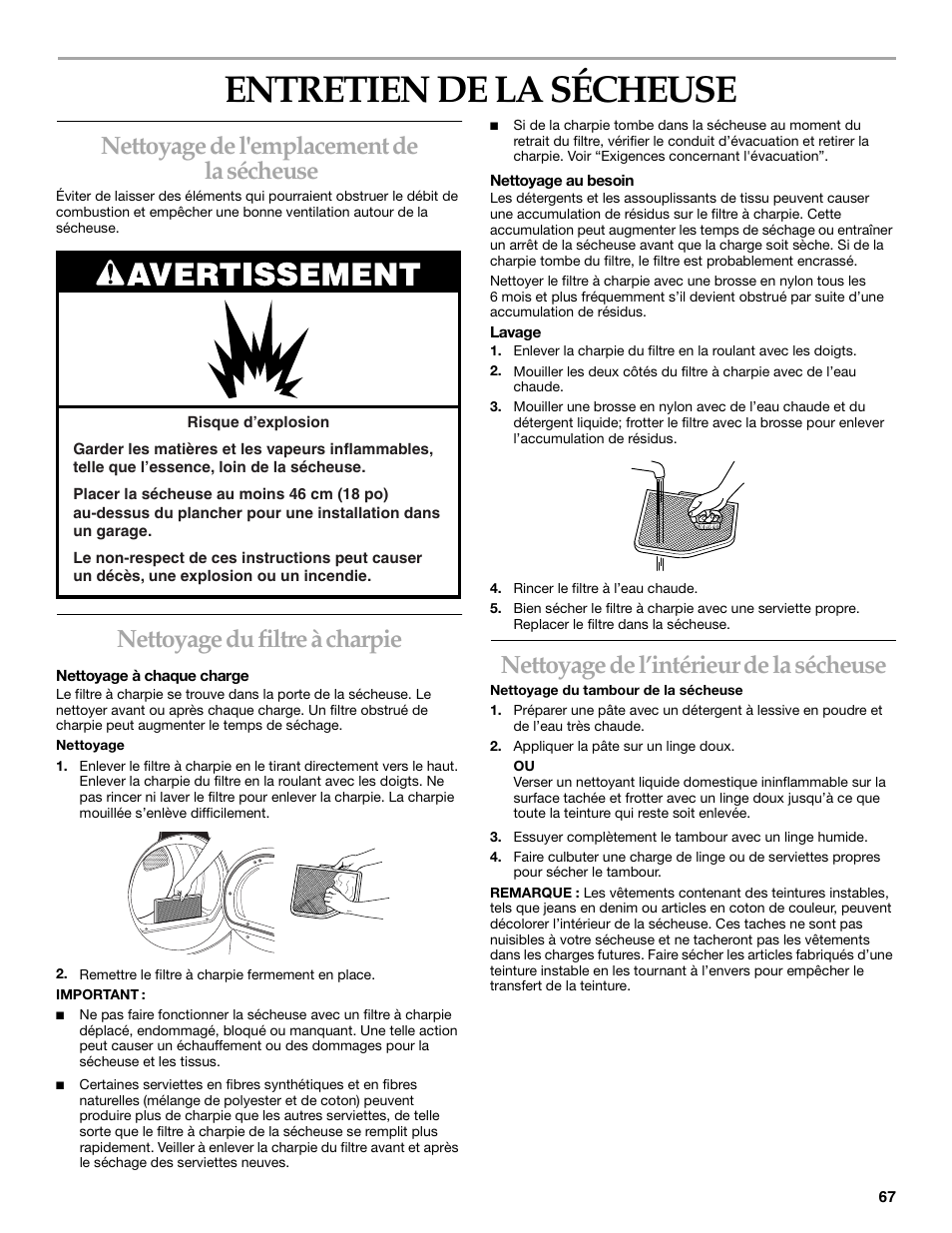 Entretien de la sécheuse, Nettoyage de l'emplacement de la sécheuse, Nettoyage du filtre à charpie | Nettoyage de l’intérieur de la sécheuse | KITCHENAID YKEHS01P User Manual | Page 67 / 72