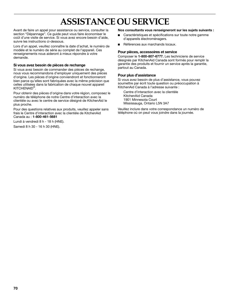 Assistance ou service | KITCHENAID YKEHS01P User Manual | Page 70 / 72