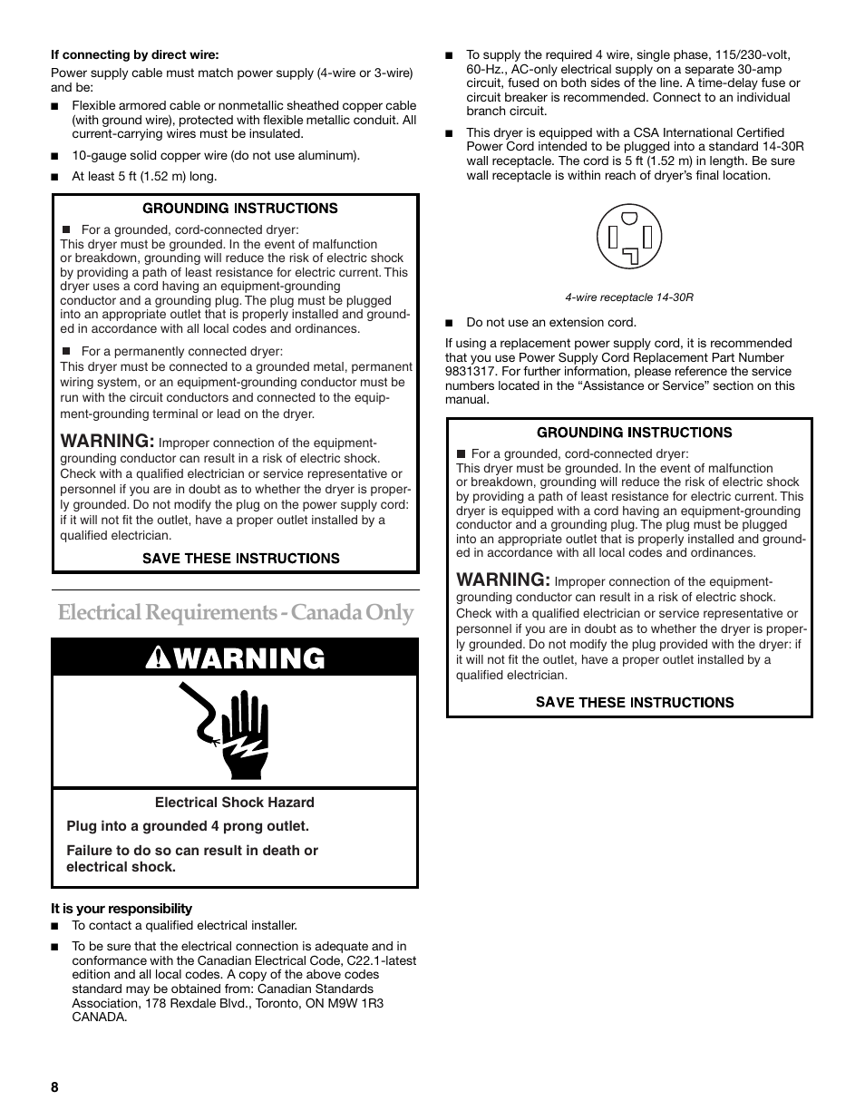 Electrical requirements - canada only, Warning | KITCHENAID YKEHS01P User Manual | Page 8 / 72