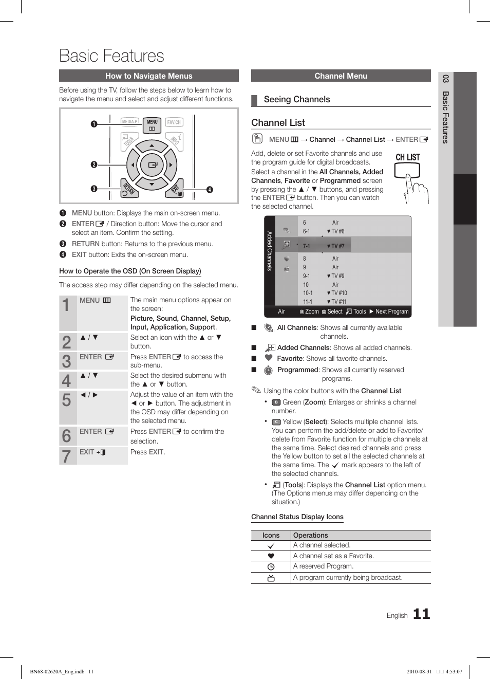 Basic features, Channel list | Samsung LN26C350D1DXZA User Manual | Page 11 / 33