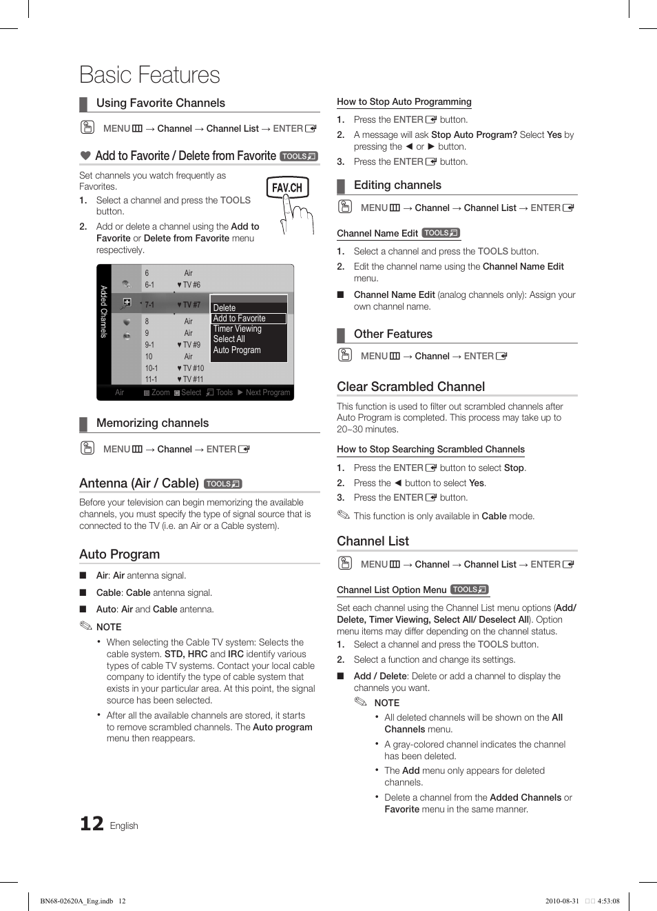 Basic features, Add to favorite / delete from favorite, Antenna (air / cable) | Auto program, Clear scrambled channel, Channel list | Samsung LN26C350D1DXZA User Manual | Page 12 / 33