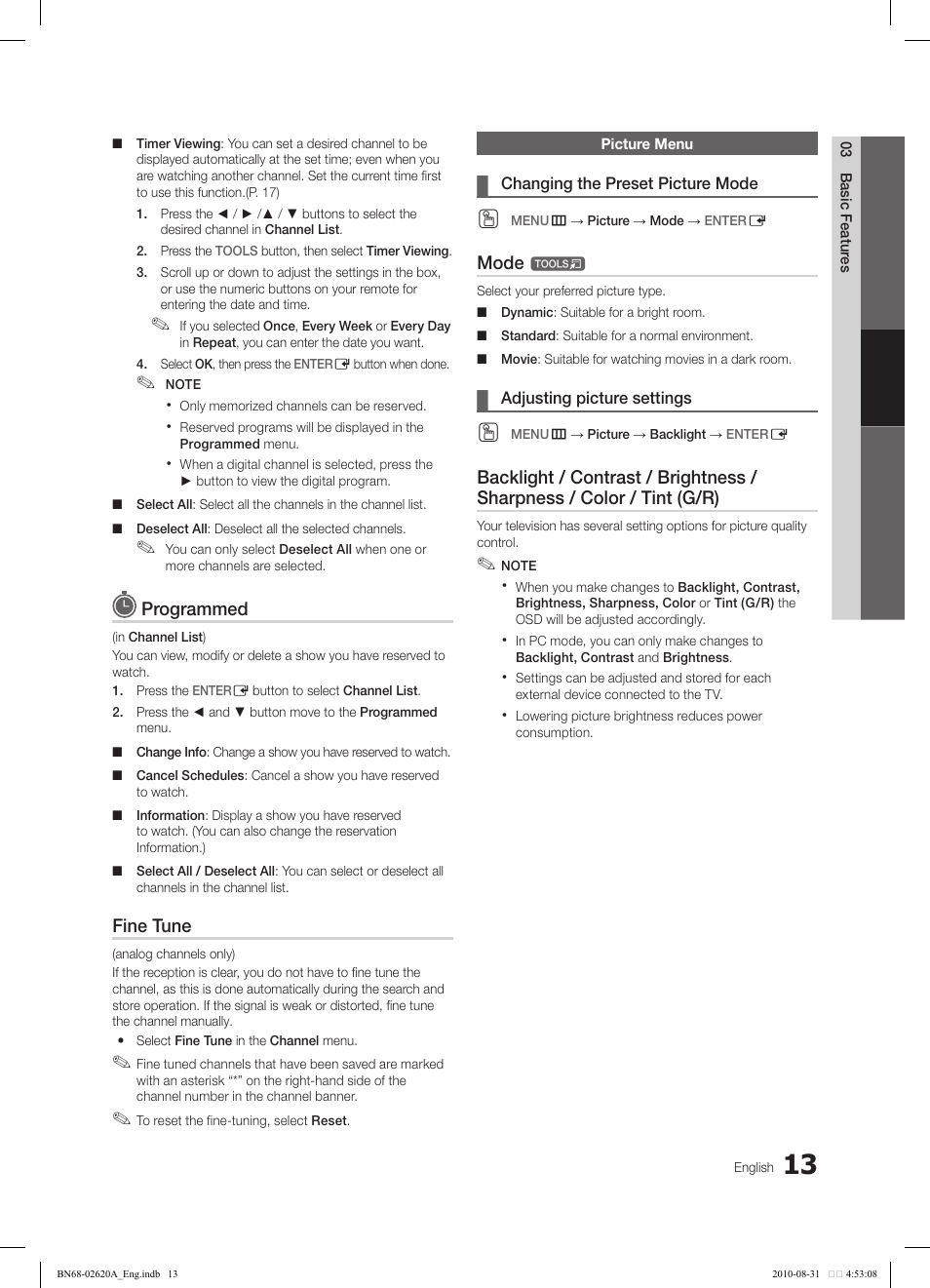 Programmed, Fine tune, Mode | Samsung LN26C350D1DXZA User Manual | Page 13 / 33