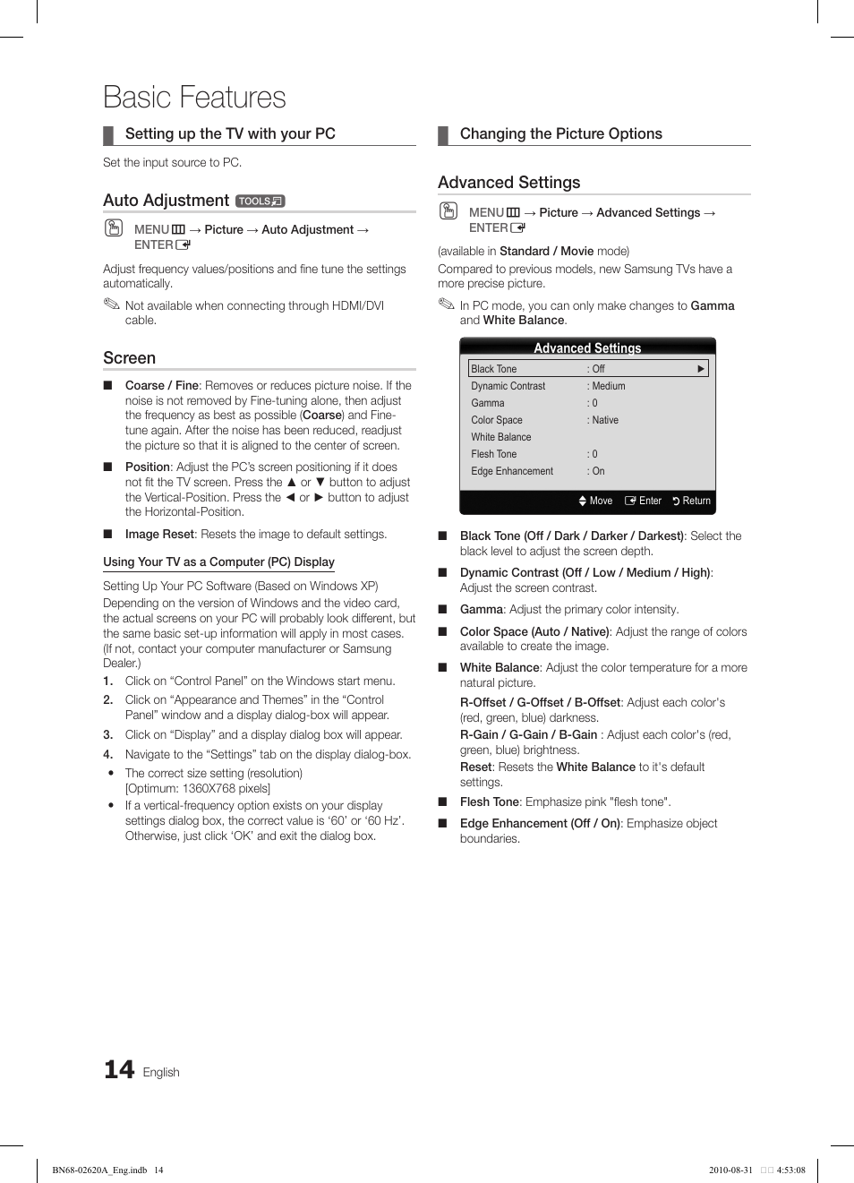 Basic features, Auto adjustment, Screen | Advanced settings | Samsung LN26C350D1DXZA User Manual | Page 14 / 33