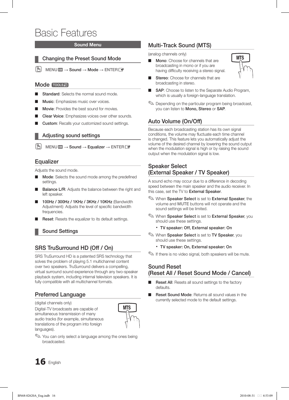 Basic features | Samsung LN26C350D1DXZA User Manual | Page 16 / 33