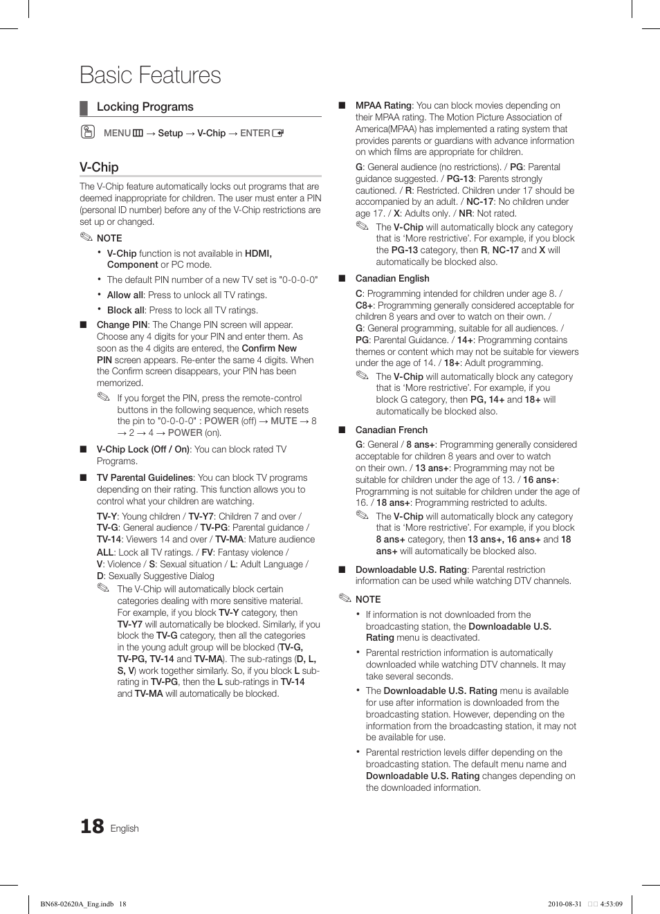 Basic features, V-chip | Samsung LN26C350D1DXZA User Manual | Page 18 / 33