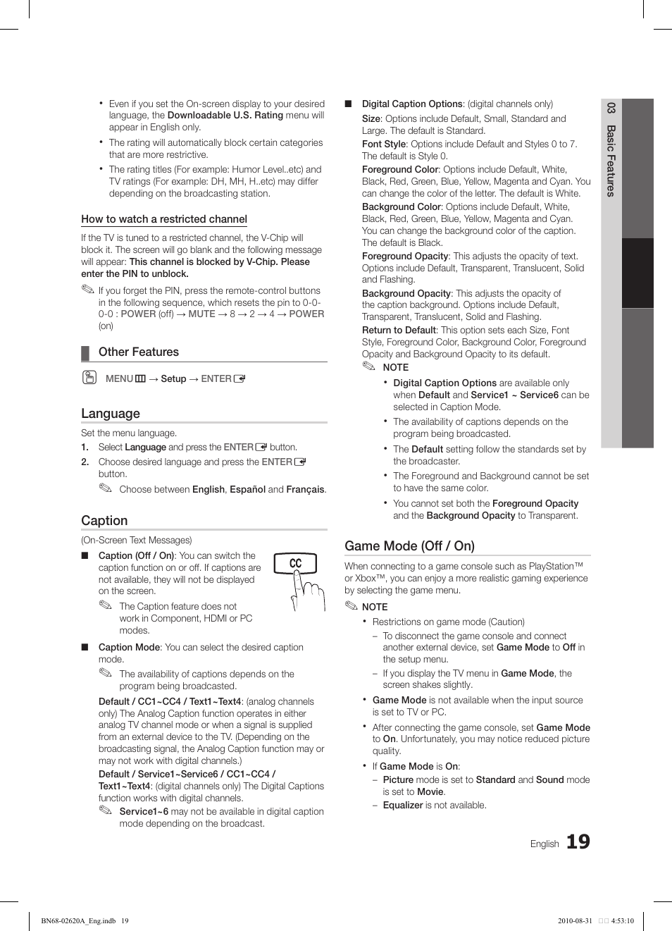 Language, Caption, Game mode (off / on) | Samsung LN26C350D1DXZA User Manual | Page 19 / 33