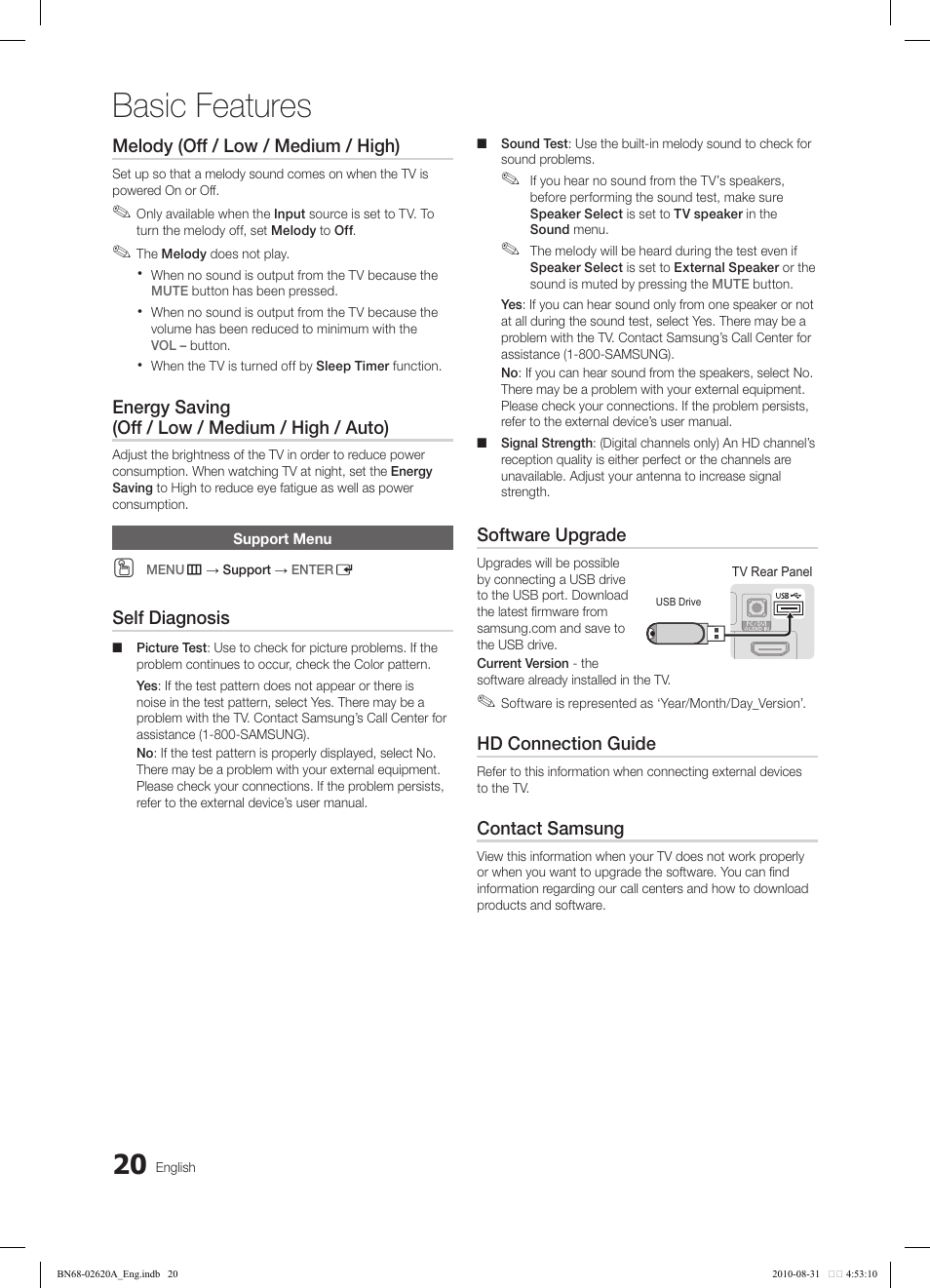 Basic features, Melody (off / low / medium / high), Energy saving (off / low / medium / high / auto) | Self diagnosis, Software upgrade, Hd connection guide, Contact samsung | Samsung LN26C350D1DXZA User Manual | Page 20 / 33