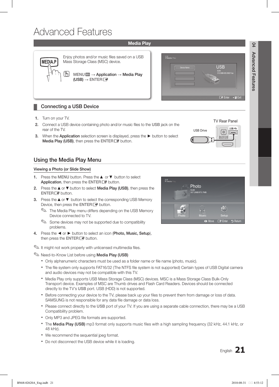 Advanced features, Using the media play menu, Connecting a usb device | Media.p, 04 advanced featur es, Media play, Photo, Music, Power | Samsung LN26C350D1DXZA User Manual | Page 21 / 33