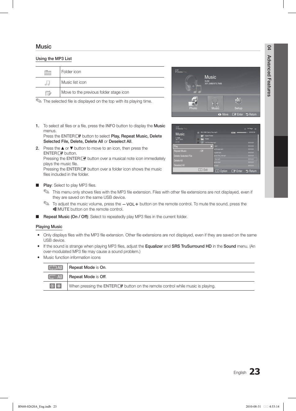 Music, 04 advanced featur es, Photo | English | Samsung LN26C350D1DXZA User Manual | Page 23 / 33