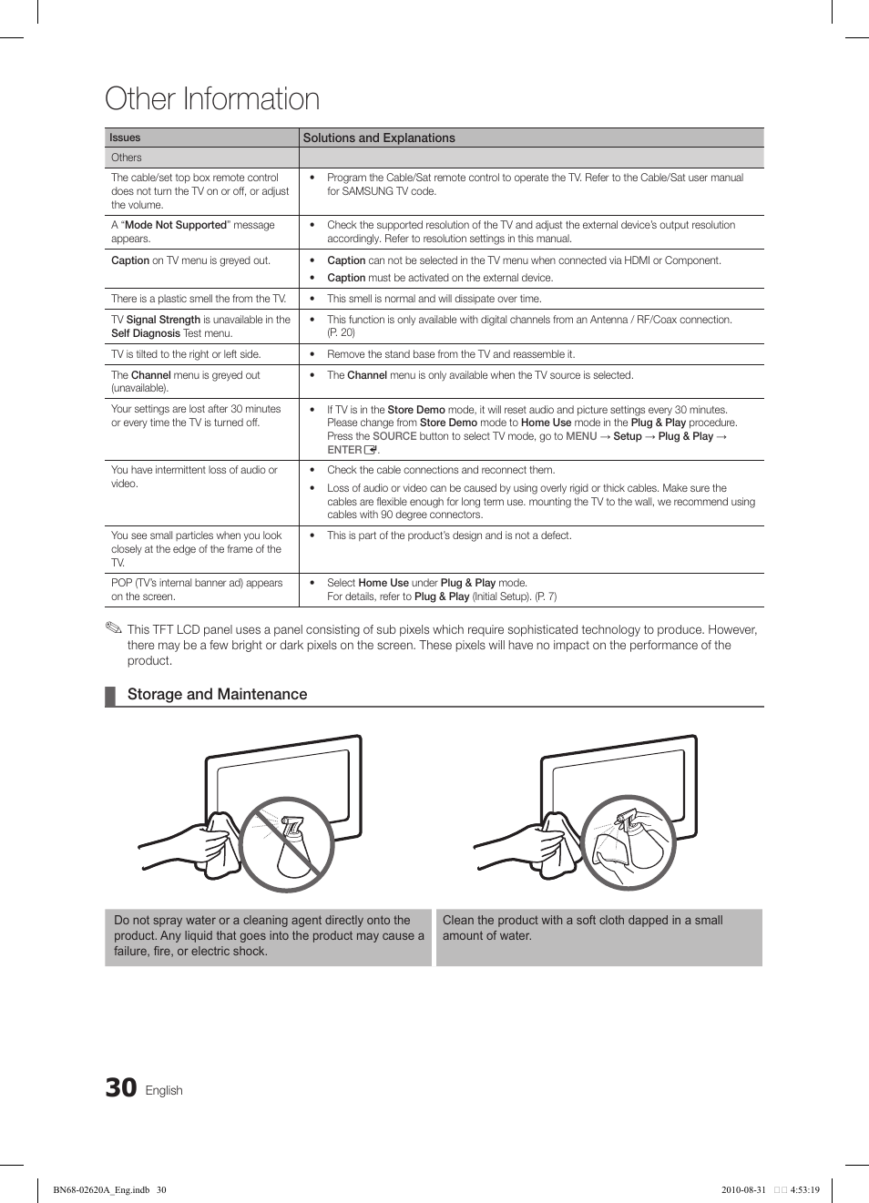 Other information, Storage and maintenance | Samsung LN26C350D1DXZA User Manual | Page 30 / 33