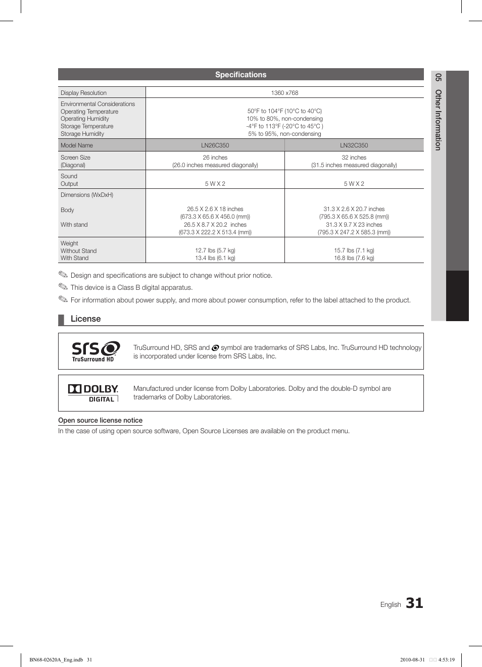 Samsung LN26C350D1DXZA User Manual | Page 31 / 33