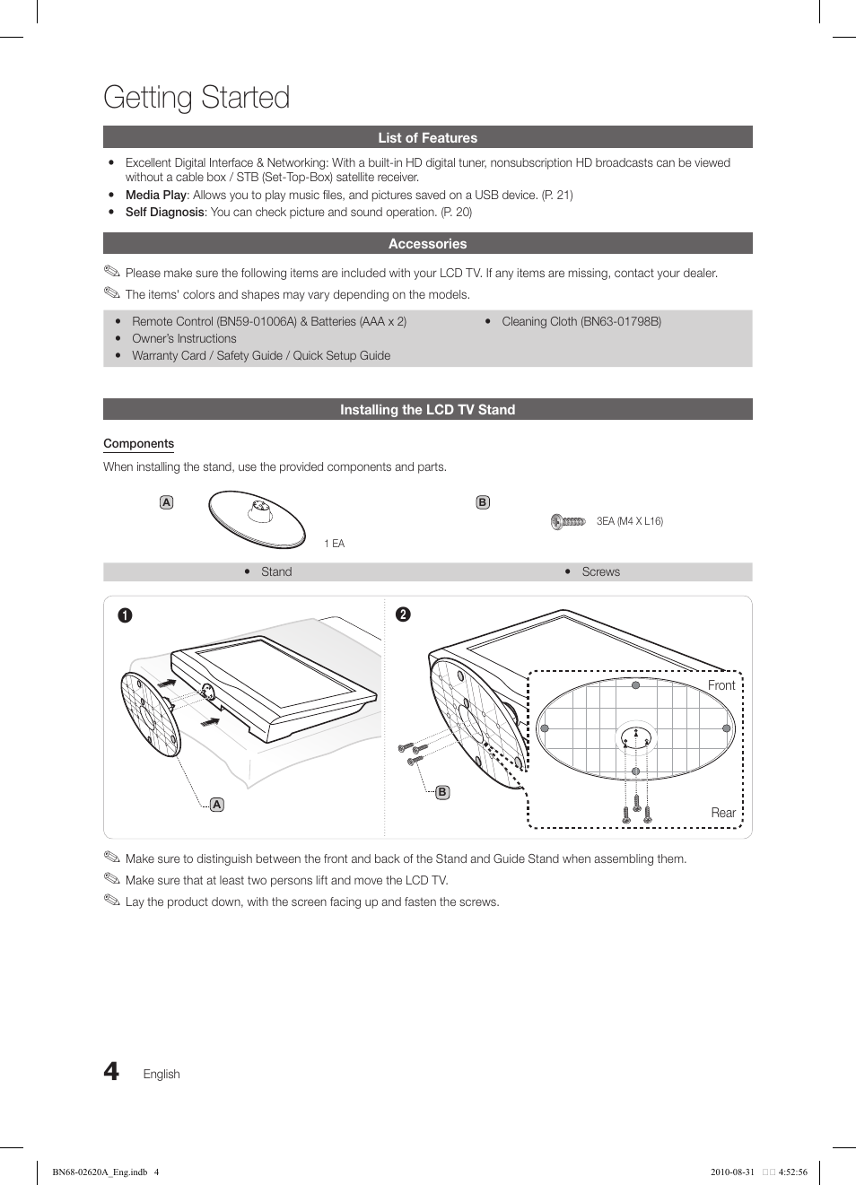 Getting started | Samsung LN26C350D1DXZA User Manual | Page 4 / 33