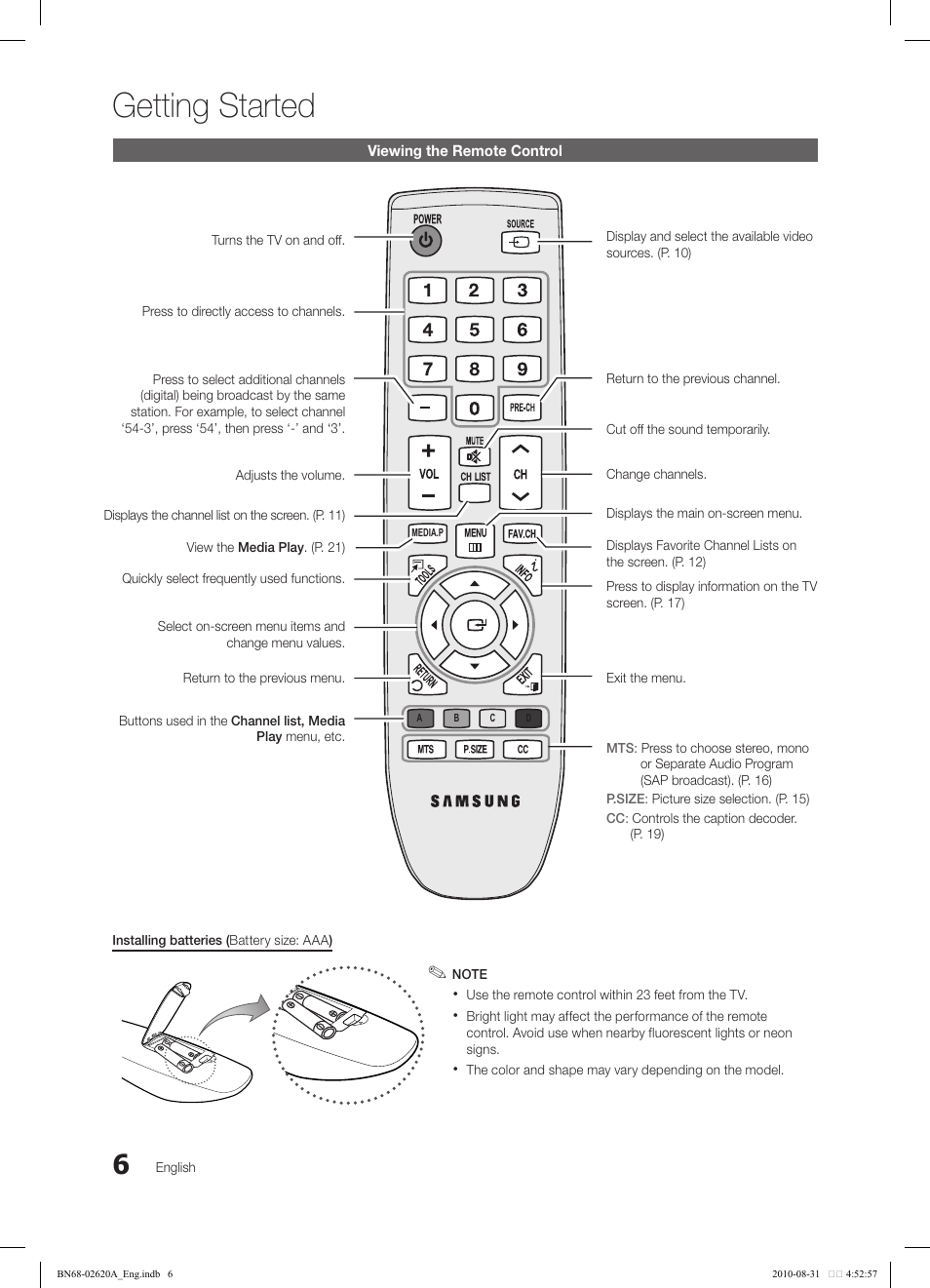 Getting started | Samsung LN26C350D1DXZA User Manual | Page 6 / 33