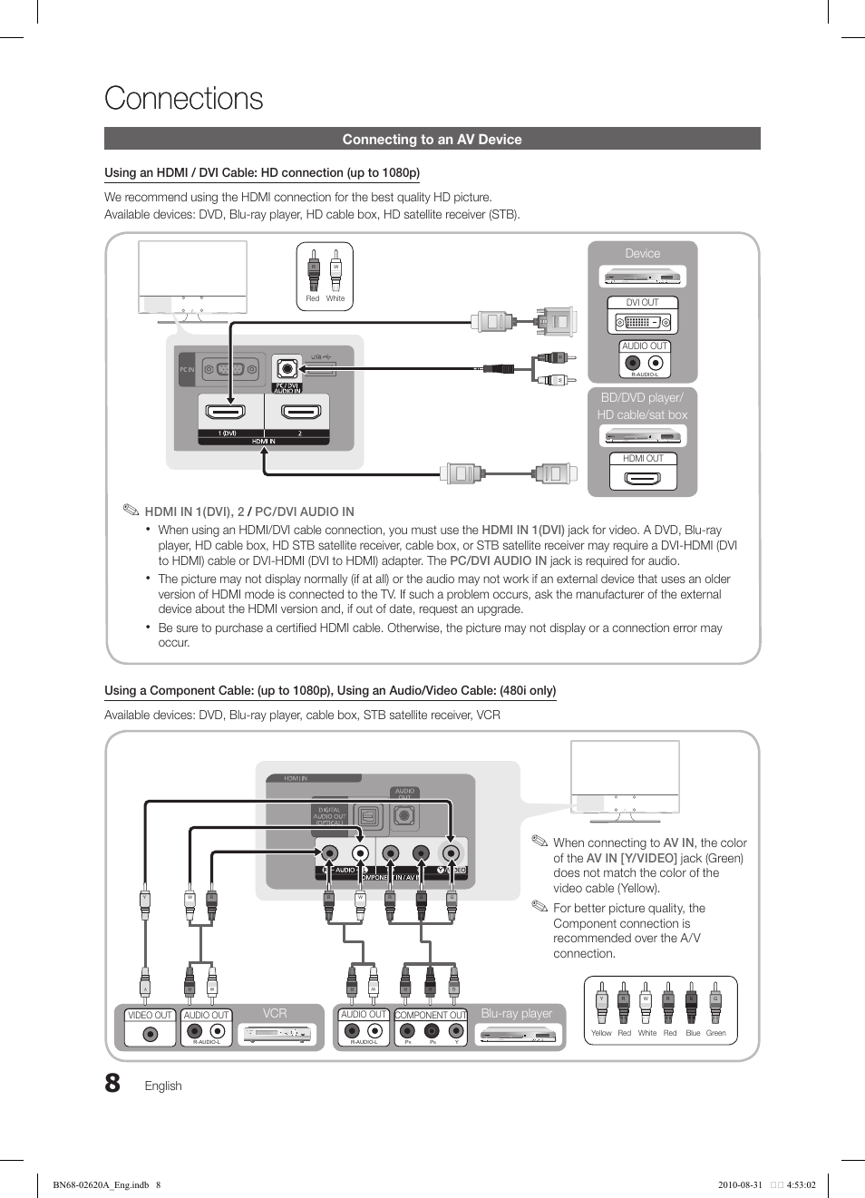 Connections, Connecting to an av device, English | Bd/dvd player/ hd cable/sat box, Device, Blu-ray player, When connecting to | Samsung LN26C350D1DXZA User Manual | Page 8 / 33