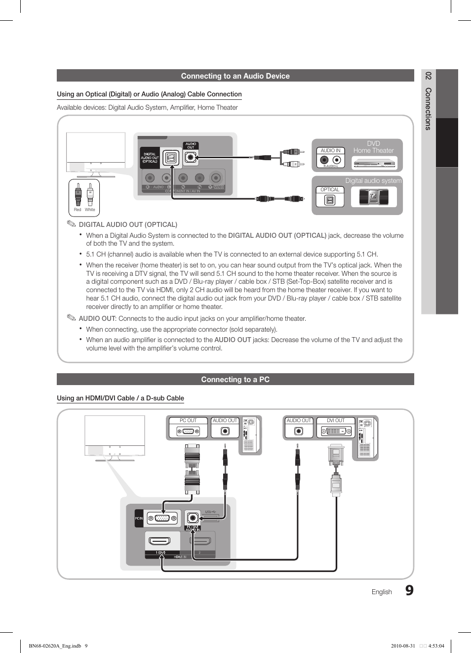 02 connections connecting to an audio device, Connecting to a pc | Samsung LN26C350D1DXZA User Manual | Page 9 / 33