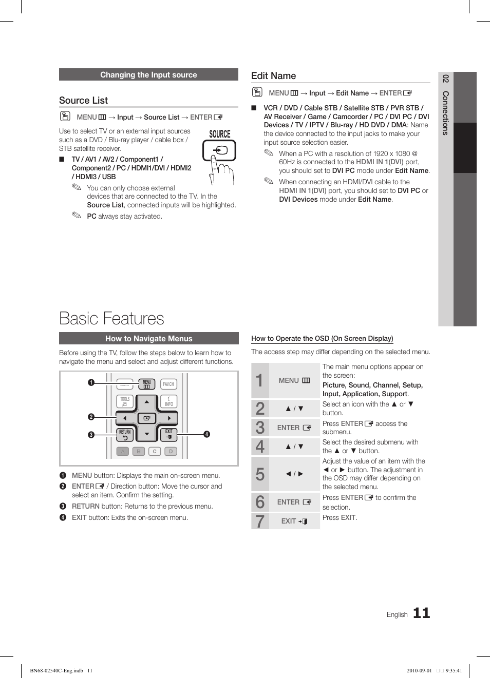 Basic features, Tools | Samsung LN52C530F1FXZA User Manual | Page 11 / 40