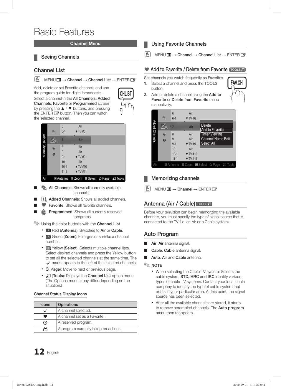 Basic features, Tools, Channel list | Add to favorite / delete from favorite, Antenna (air / cable), Auto program | Samsung LN52C530F1FXZA User Manual | Page 12 / 40