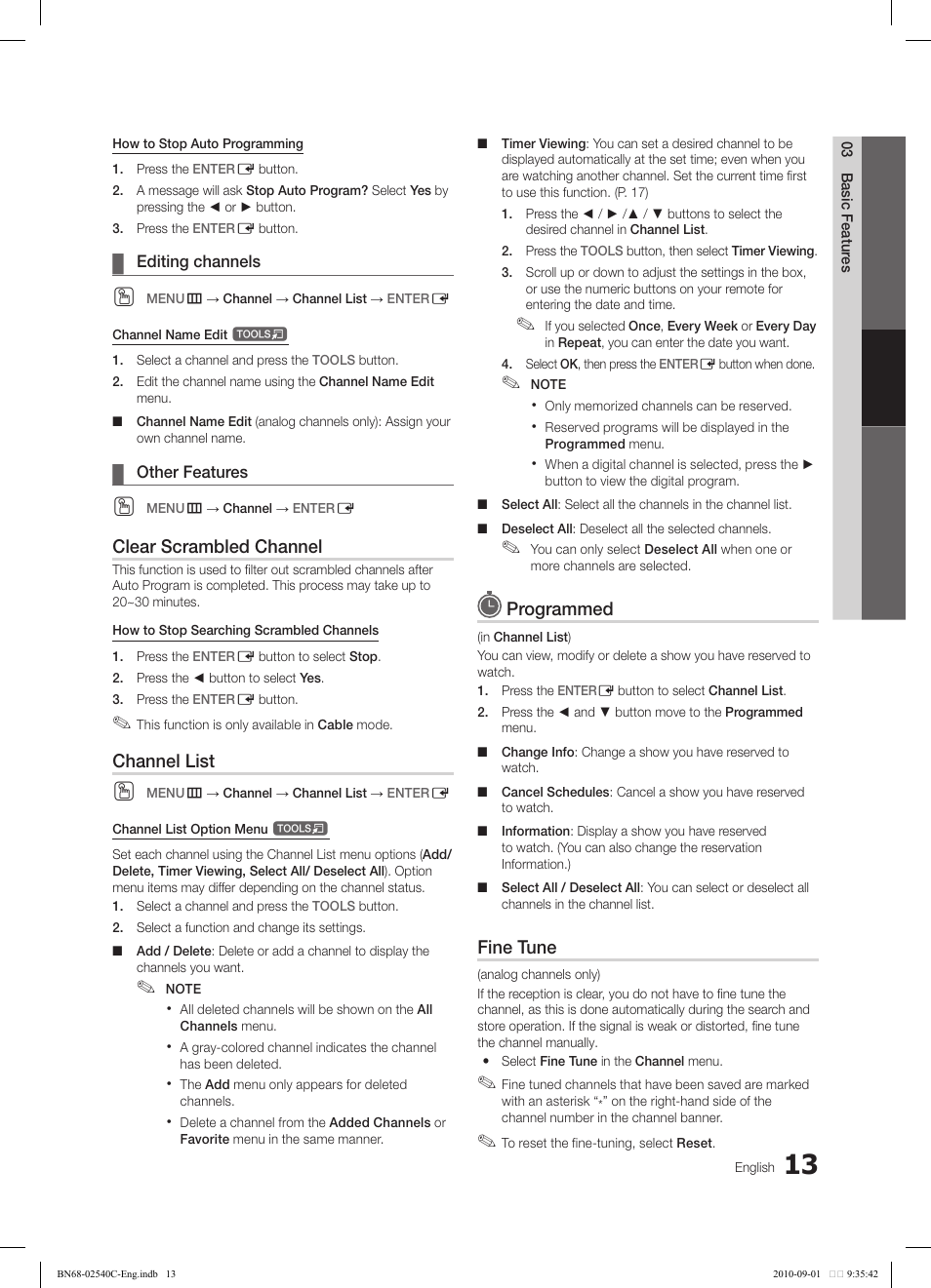 Clear scrambled channel, Channel list, Programmed | Fine tune | Samsung LN52C530F1FXZA User Manual | Page 13 / 40